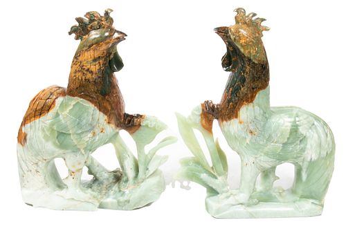 CHINESE CARVED JADE ROOSTERS, PAIR H 28", W 6", L 22", LIFE SIZE 