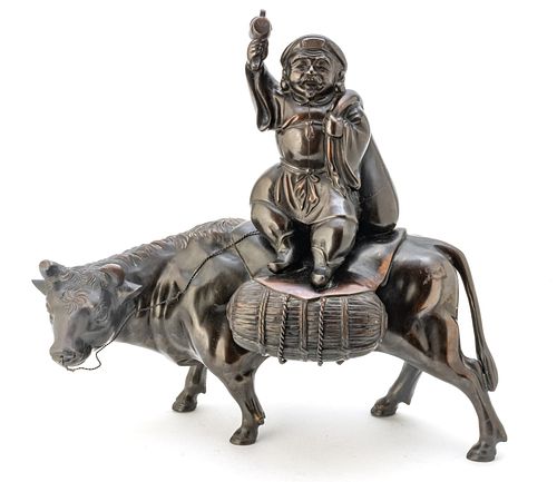 Japanese Bronze Sculpture, Daikokuten Riding A Bull, H 17.5'' L 19''