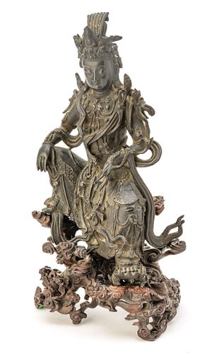 Chinese Bronze Quan Yin On Root Carved Stand. C. 19th C, H 13''