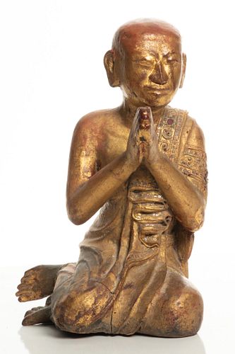 Tibetan Gilt Wood Kneeling Monk, C. 18/19th C., H 13'' W 8'' Depth 9''