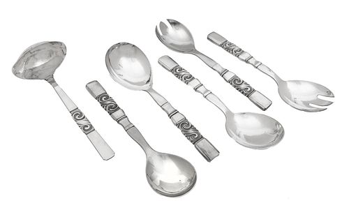 Georg Jensen Sterling Silver "Scroll" Serving Forks (2)), Spoons (3) And Ladle 16.8t oz 6 pcs