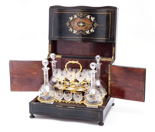 French Boulle, Ebony With Inlays Liquor Cellar, Decanters, Glasses C. 1810, H 10'' W 13'' Depth 9''