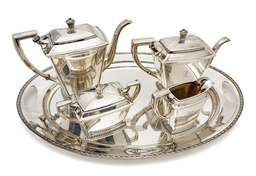 "Pantheon" By International Sterling Silver Tea Set: Coffee, Tea, Sugar, Creamer, + Silver Plate Tray W 16'' L 22''