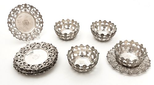 Dominic And Haff Sterling Silver Dessert Bowls 8, Glass Inserts & 8 Underplates 55t oz 16 pcs