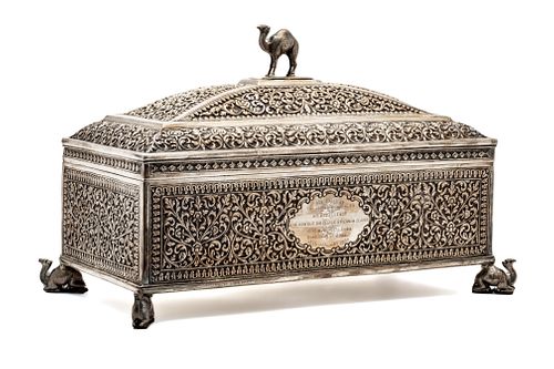 India Silver Plate Presentation Box, Camel Form Feet And Finial, Bombay, C. 1905, H 10'' L 16'' Depth 8''