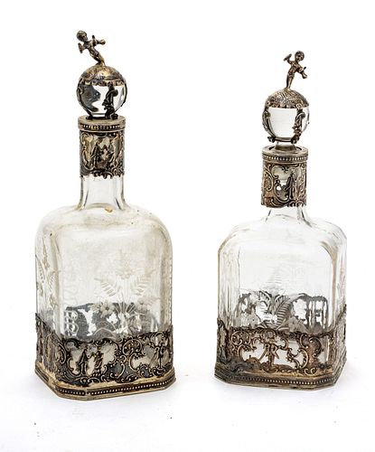 Netherlands Sterling Silver And Crystal Scent Bottles, C. 1900, 8 5", 7.5" W 2.75'' 2 pcs