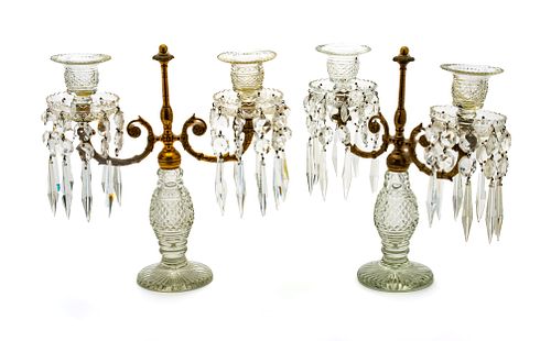 Regency Style Pair Of Crystal And Bronze Two Light Candelabra H 12.25'' L 11.75'' Depth 4''
