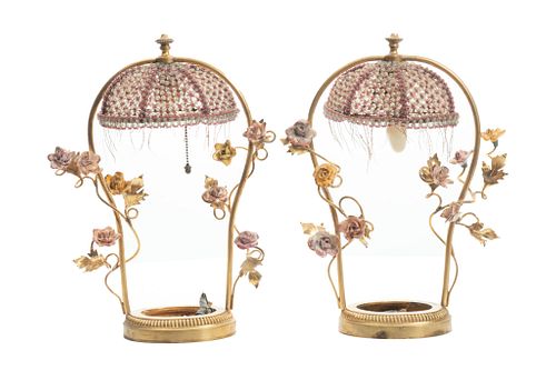 Pair Of Bronze And Porcelain Light Fixtures, H 13'' W 10''