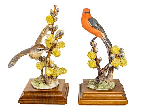 Dorothy Doughty For Royal Worcester Bisque "Vermillion Flycatchers With Pussy Willow", Limited Edition Figure, H 8'' W 5'' 2 pcs