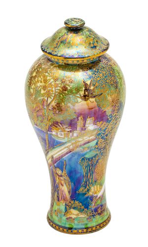 Wedgwood Fairyland Lustre "Rainbow" Pattern Porcelain Covered Urn, H 9'' Dia. 4''