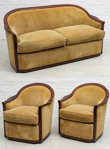 Art Deco Carved Mahogany Sofa And Two Arm Chairs, H 32'' L 68'' Depth 34'' 3 pcs
