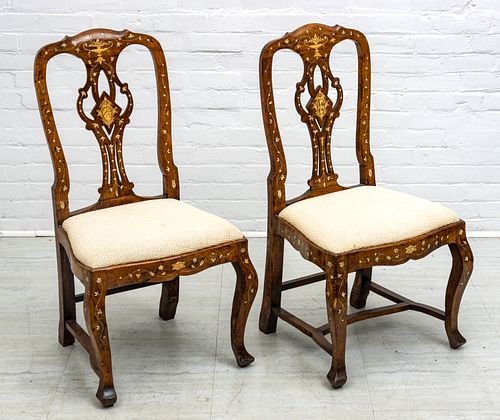 Pair Of Carved Walnut Inlaid Side Chairs