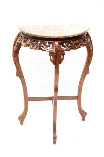 ASIAN CARVED WOOD MARBLE TOP DEMI LUNE CONSOLE, H 39" W 21" D 11.5" 
