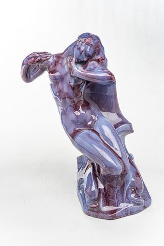 Edgardo Simone (American, 1890-1948) Ceramic Sculpture, Seated Nude Female With Dolphins, H 14'' W 6'' L 8''