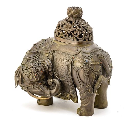 Chinese Bronze Elephant Form Censer, Gemstone Inlay, H 10'' W 6'' L 10''
