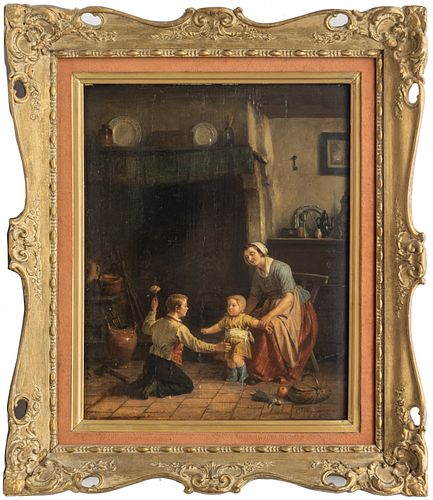 CONSTANT VAN DE WYNGAERT (BELGIAN B. 1840) OIL ON BOARD, 1868, H 20", W 16", BABY'S FIRST STEPS 