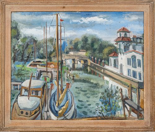 Edgar Louis Yaeger (American, 1904-1997) Oil On Canvas Board, 1949, The Detroit Yacht Club, H 17.5'' W 23.5''