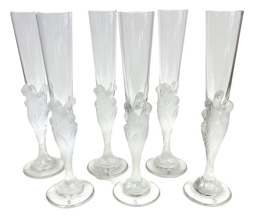 Erte (French, 1892-1990) Clear And Frosted Glass C. 1980, Flute Majestique, Set Of 6 Champagne Flutes H 10''