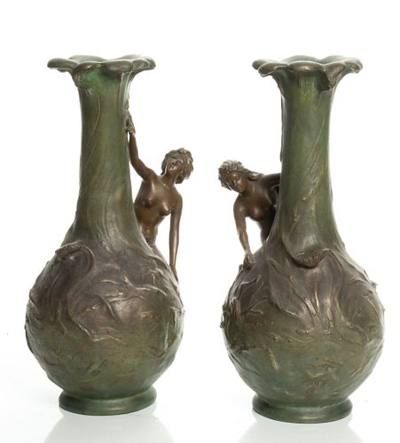 Jean Garnier (French, 1853-1910) Art Nouveau Patinated Metal Vases, Early 20th C., Two Pieces, H 14.75'' Dia. 7''