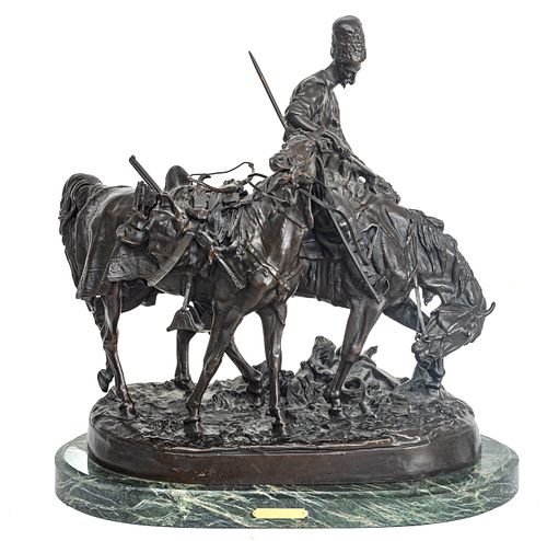 AFTER EVGENI LANCERAY (RUSSIAN, 1848â€“1886) BRONZE SCULPTURE ON GREEN MARBLE BASE, H 17", W 18", D 8", COSSACK AFTER THE BATTLE 