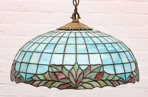 Dome Shape Leaded Glass Hanging Shade C. 1900, H 10'' Dia. 18''
