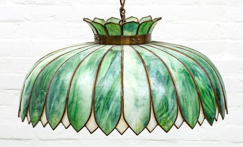Leaded And Stained Glass Chandelier, Green Lotus Flower C. 1920,, H 11'' Dia. 24''