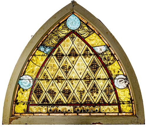 Leaded And Stained Glass Large Arched Window C. 1900, H 50'' W 56''