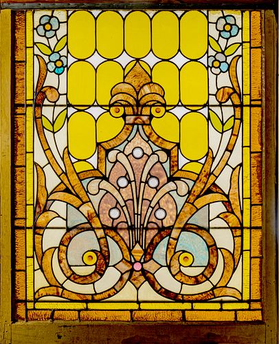 Leaded And Stained Glass Window C. 1900, H 47'' W 38''