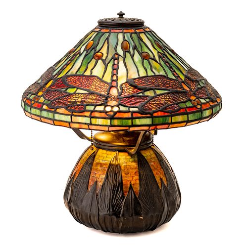 Leaded Art Glass Dragonfly Table Lamp, H 18'' Dia. 16''