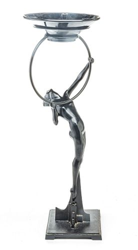 Frankart Inc. (American) Art Deco Metal Smoking Stand, Nude Female Holding A Ring, H 26.5'' W 8'' Depth 6.75''