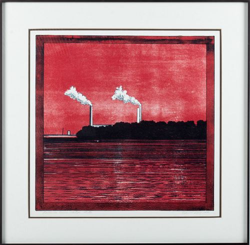 Daniel Lang (British, 20th Century,) Woodcut In Colors On Wove Paper,  1970, BATTERSEA POWER STATION, H 17.25'' W 17''