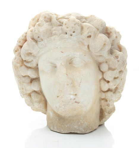 Grecian Carved Marble Partial Statue, C. B.C.E., Head Of Dionysus, H 11'' W 10'' Depth 8''