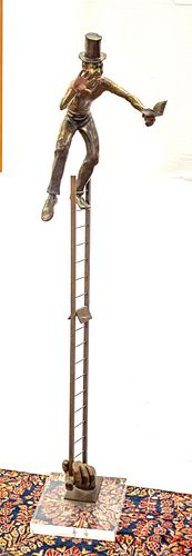Jerome Soble, B 1940, Bronze Sculpture, Mime In Top Hat On Ladder, H 65'' W 15''