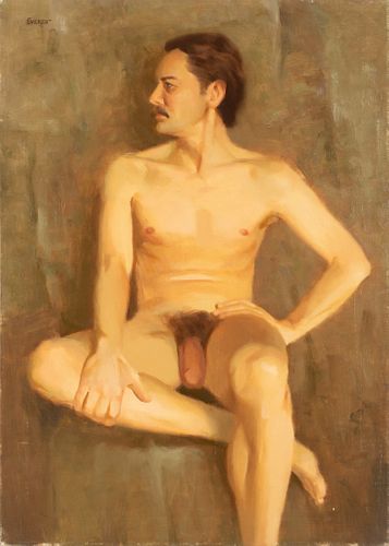 Len Gridley Everett (American, 1925-1984) Oil On Canvas  1975, Seated Male Nude, H 22'' W 33''