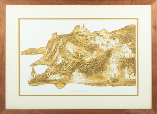 Mary Gehr (?) Etching, C. 1966, "Golden Santorini", H 14.5'' W 23.5''