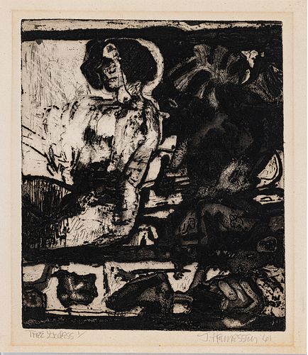 CONSIGNOR IS PICKING UP - J. HAMESSEN, ETCHING WITH AQUATINT & CARBARUNDEM ON PAPER, 1961, H 11.75", W 10", TREE GODDESS 