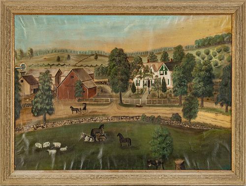 American Folk Art Oil On Canvas, C. 19th C, H 19.5'' W 30'' Rural Landscape