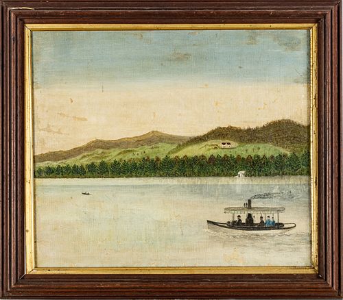 American Folk Art Oil On Canvas, C. 19th C, H 14.5'' W 17'' River Steamboat