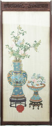 CHINESE HAND-PAINTED SILK, H 41", W 17"