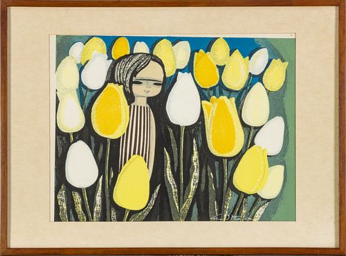 Shuzo Ikeda (Japanese) Woodblock Print, Tulips,