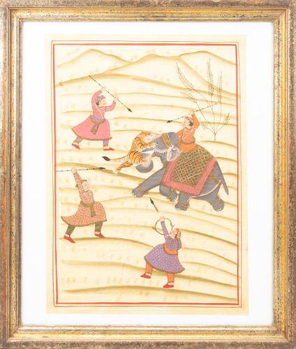 Indian Mughal Gouache On Silk, H 19.75'' W 14'' Tiger Hunt