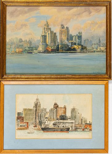 Watercolors On Paper, 20th C., Two Pieces, H 14.5'' W 21.5'' Detroit City Skylines