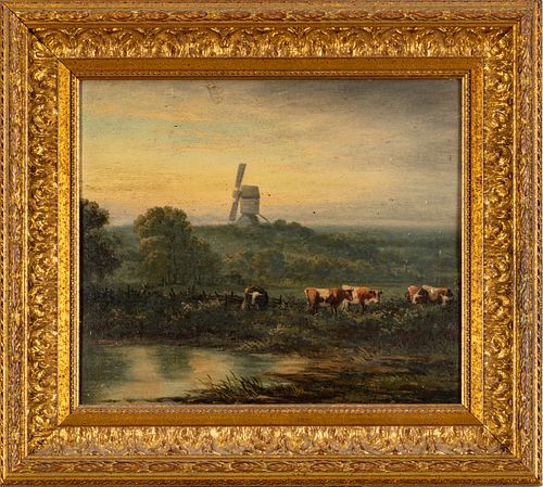 Dutch Oil On Board Cows In A Pasture Near A Windmill,, H 11.5'' W 13.5''