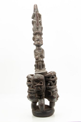 AFRICAN CONGO, CARVED WOOD TOTEM FORM PIPE, H 29.75", W 8", D 14" MASK AND ANIMAL FIGURES (REPTILES ETC.) 