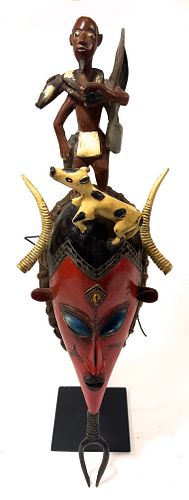 AFRICAN GURO IVORY COAST POLYCHROME CARVED WOOD MASK, H 28.5", W 8", D 5" 