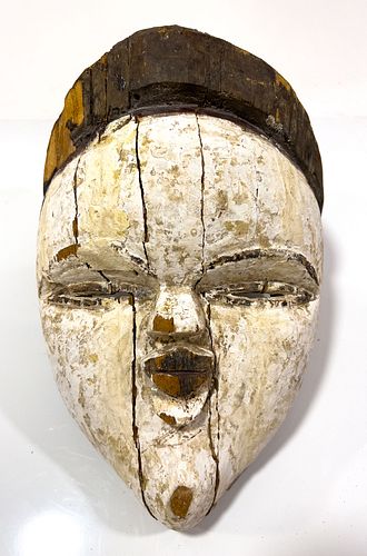 AFRICAN POLYCHROME CARVED WOOD MASK, H 13", W 8", D 6"