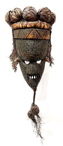 AFRICAN SALAMPASU MASK DEMOCRATIC REPUBLIC OF THE CONGO, CARVED WOOD MASK H 23", W 6", D 5"