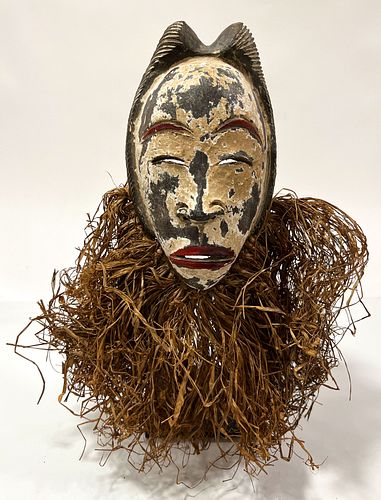 AFRICAN POLYCHROME TERRACOTTA WITH RAFIA MASK, H 13", W 8", D 3" 