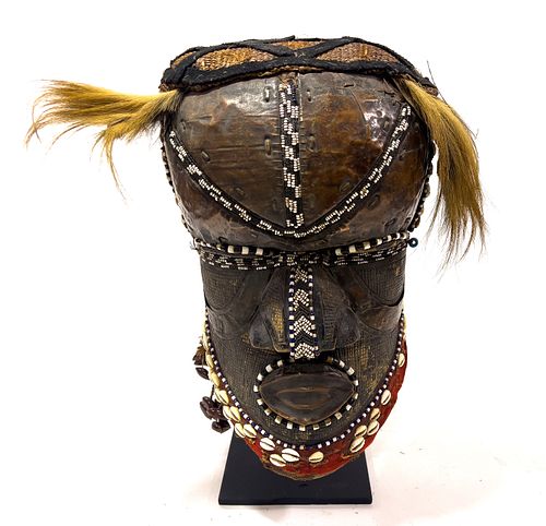 AFRICAN CARVED WOOD WITH FIBER, BEADS, HAIR, COWRIE SHELLS AND COPPER,  MASK, H 14", W 9", D 11"