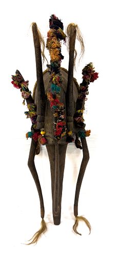 AFRICAN CARVED WOOD, FIBER, BEADS, COWRIE SHELLS, COLORED FIBER, AND HAIR MASK, H 36", W 13", D 11" 
